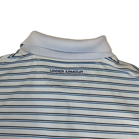 Under Armour Heat Gear Polo Shirt Mens Large Baby Blue Stripes Short Sleeve Golf - Picture 5 of 8